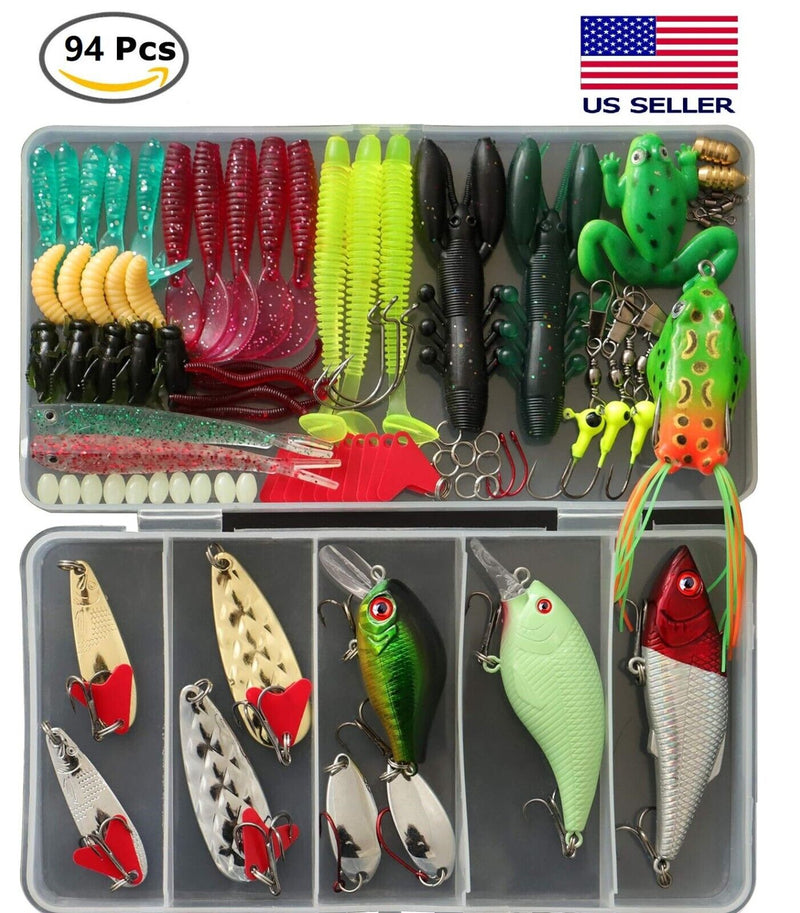 Comprehensive 94-Piece Fishing Lures Equipment Kit with Tackle Box